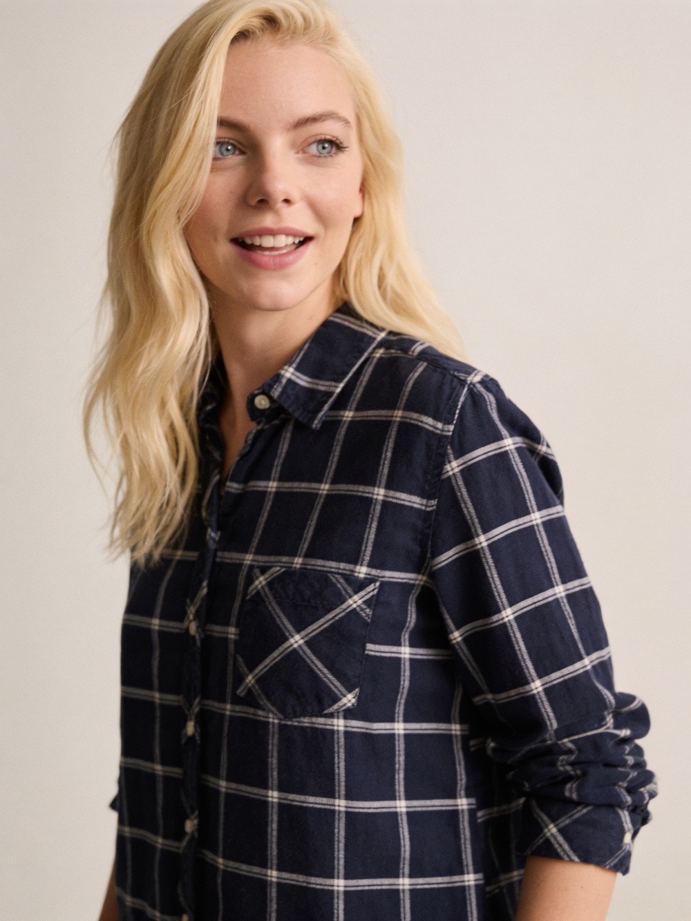 Navy Windowpane Plaid Button-Up Light Flannel Shirt